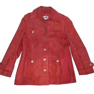 World Knits Suede Coat Women’s Size 12 Red Gold Buttons Leather Jacket Vintage